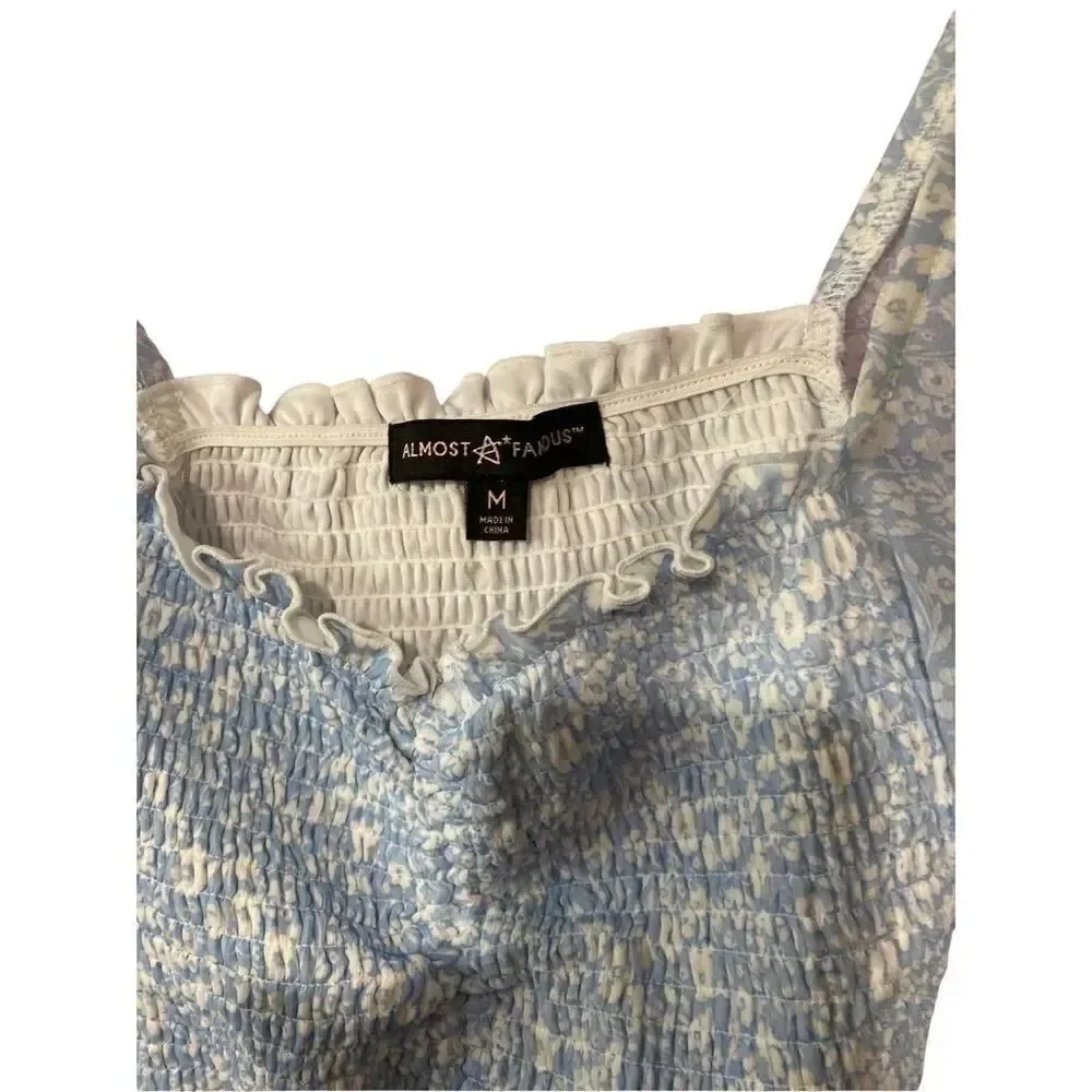NWOT almost famous blue and white floral Smocked Tie front crop top S/M